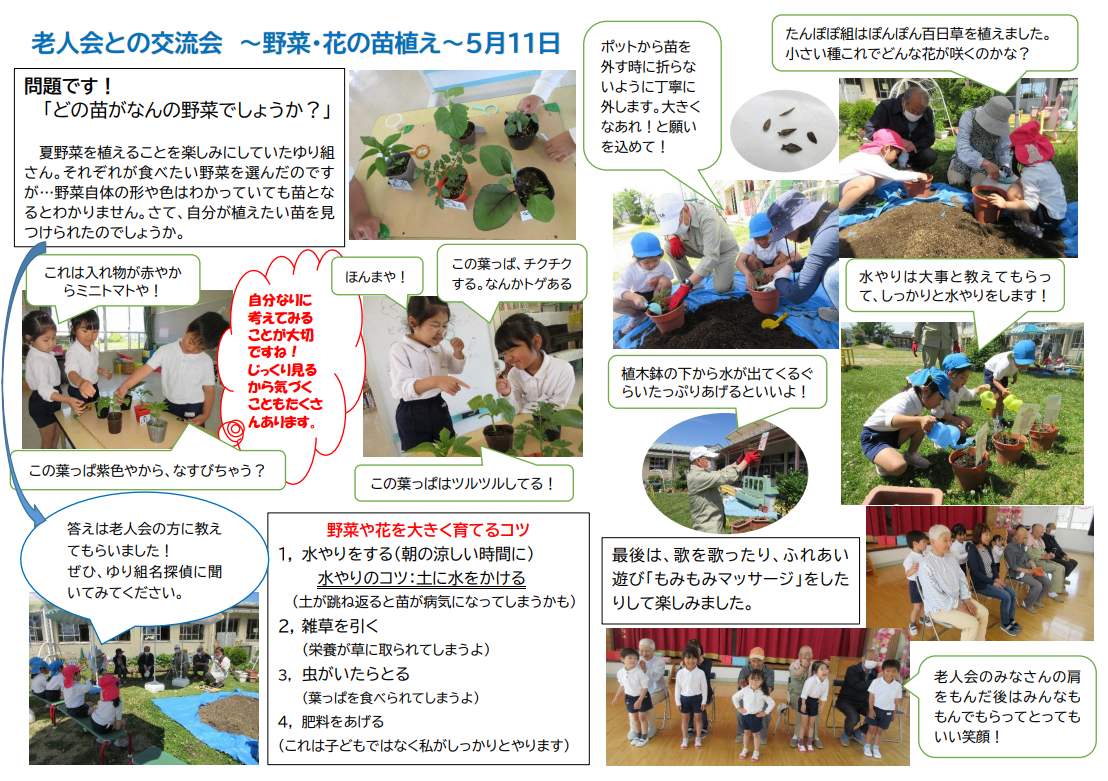 老人会の方と花の種や野菜の苗を植えているところ